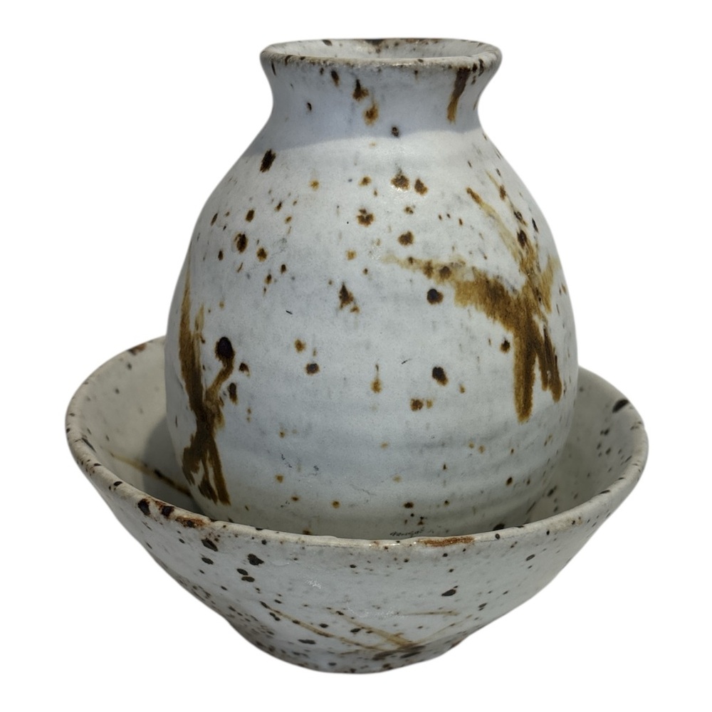 MCM 2PC HAND THROWN CERAMIC POTTERY CONTAINER & BOWL SET CREAMY GRAY & BROWN \